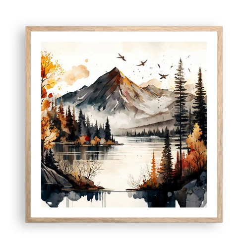 Plakat i ramme af lyst egetræ - Gyldent efterår i bjergene - 60x60 cm