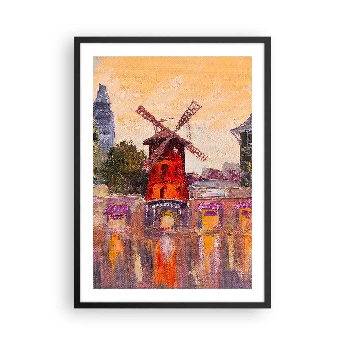 Plakat i sort ramme - En malerisk fortolkning af den berømte vindmølle med byen som baggrund - 50x70cm - Parisiske ikoner - Moulin Rouge - Moderne vægdekoration til stue og soveværelse ARTTOR