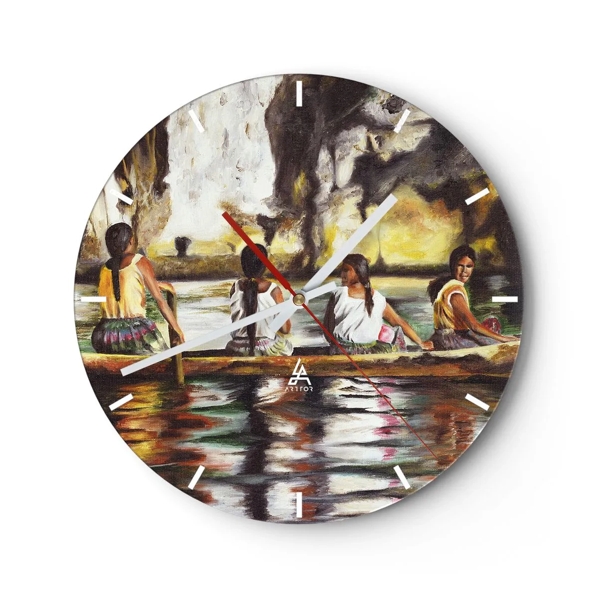 Vægur, Uret - Kvinder på en båd i et tropisk landskab med vand og klipper - 30x30cm - I et polynesisk paradis - Moderne vægdekoration til stue, køkken og soveværelse ARTTOR