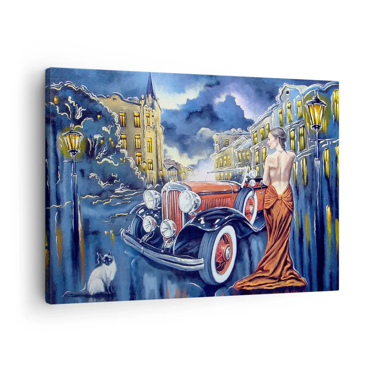 Lærredstryk - Billede på lærred - En kvinde i en elegant kjole ved en retrobil om natten - 70x50cm - Nocturne i blå og koral - Moderne vægdekoration til stue og soveværelse ARTTOR