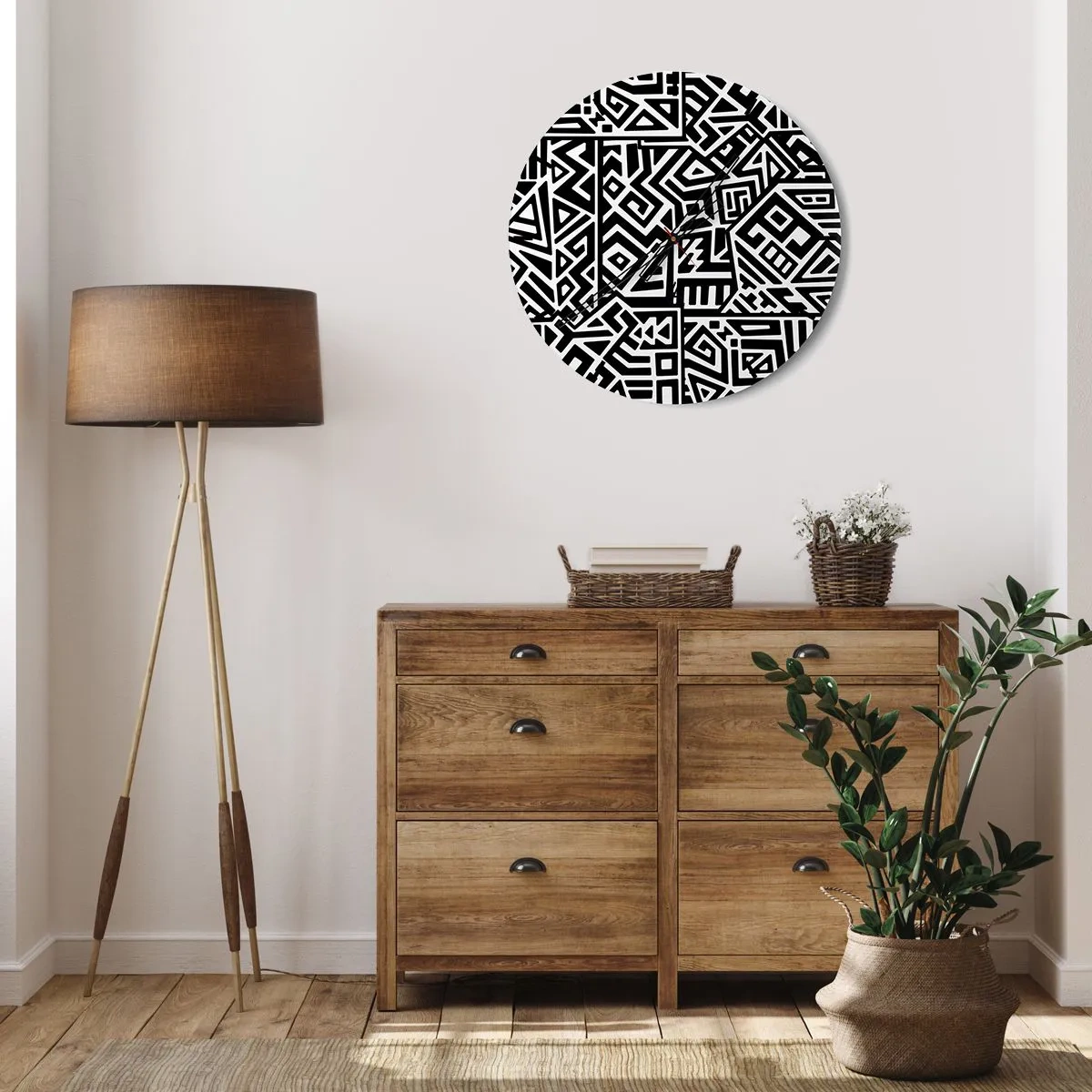 Vægur, Uret - Sort og hvid komposition af geometriske mønstre - 30x30cm - Præcolumbiansk sammensætning - Moderne vægdekoration til stue, køkken og soveværelse ARTTOR