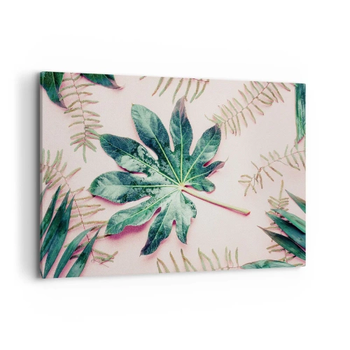 Lærredstryk - Billede på lærred - En undersøgelse af grønt på en lyserød baggrund - 100x70 cm