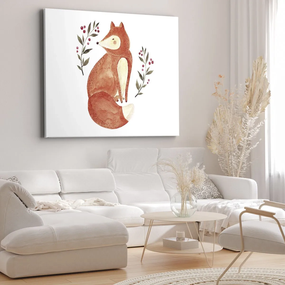 Lærredstryk - Billede på lærred - En akvarel ræv omgivet af kviste med bær - 70x50cm - Lille rødhåret - Moderne vægdekoration til stue og soveværelse ARTTOR