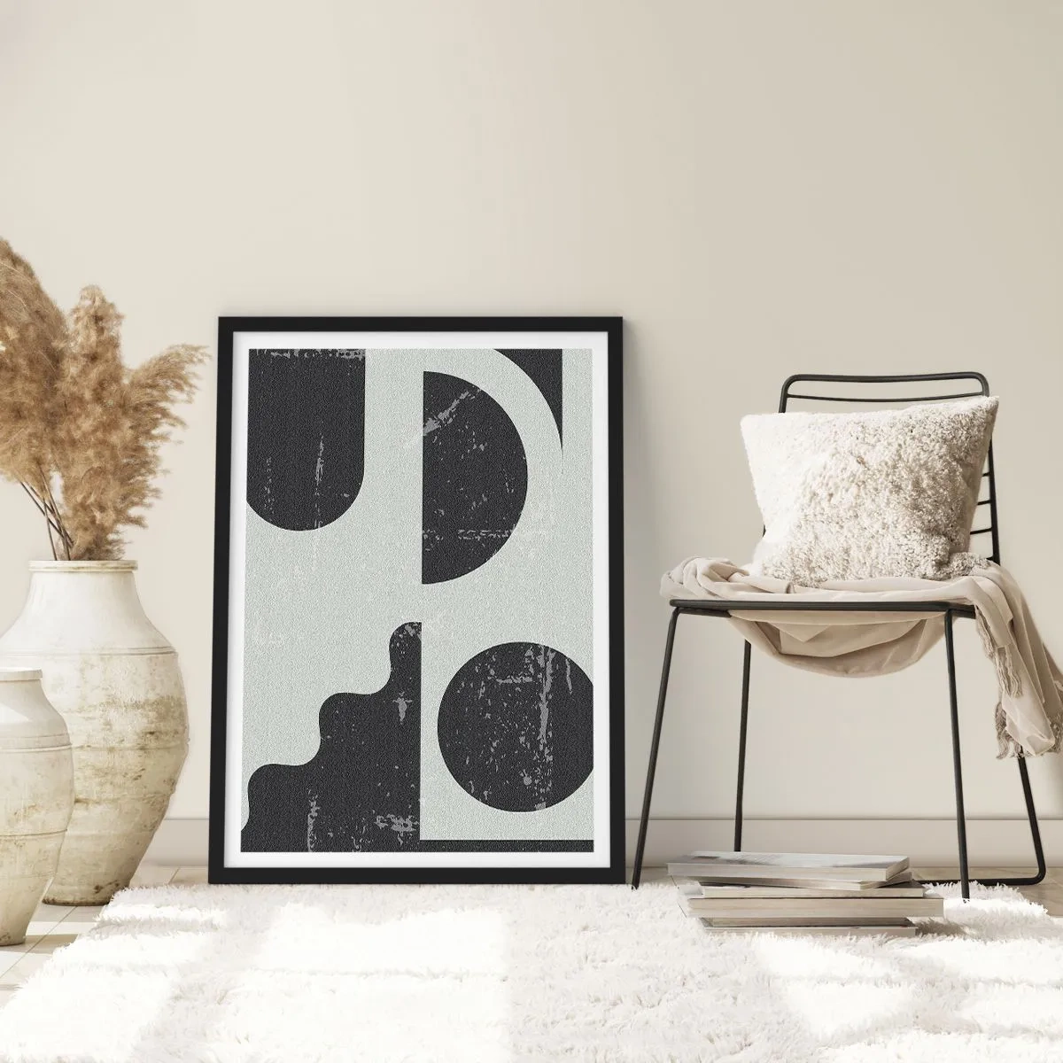 Plakat i sort ramme - Abstrakt geometrisk komposition i sort og grå - 50x70cm - Komposition over og under - Moderne vægdekoration til stue og soveværelse ARTTOR