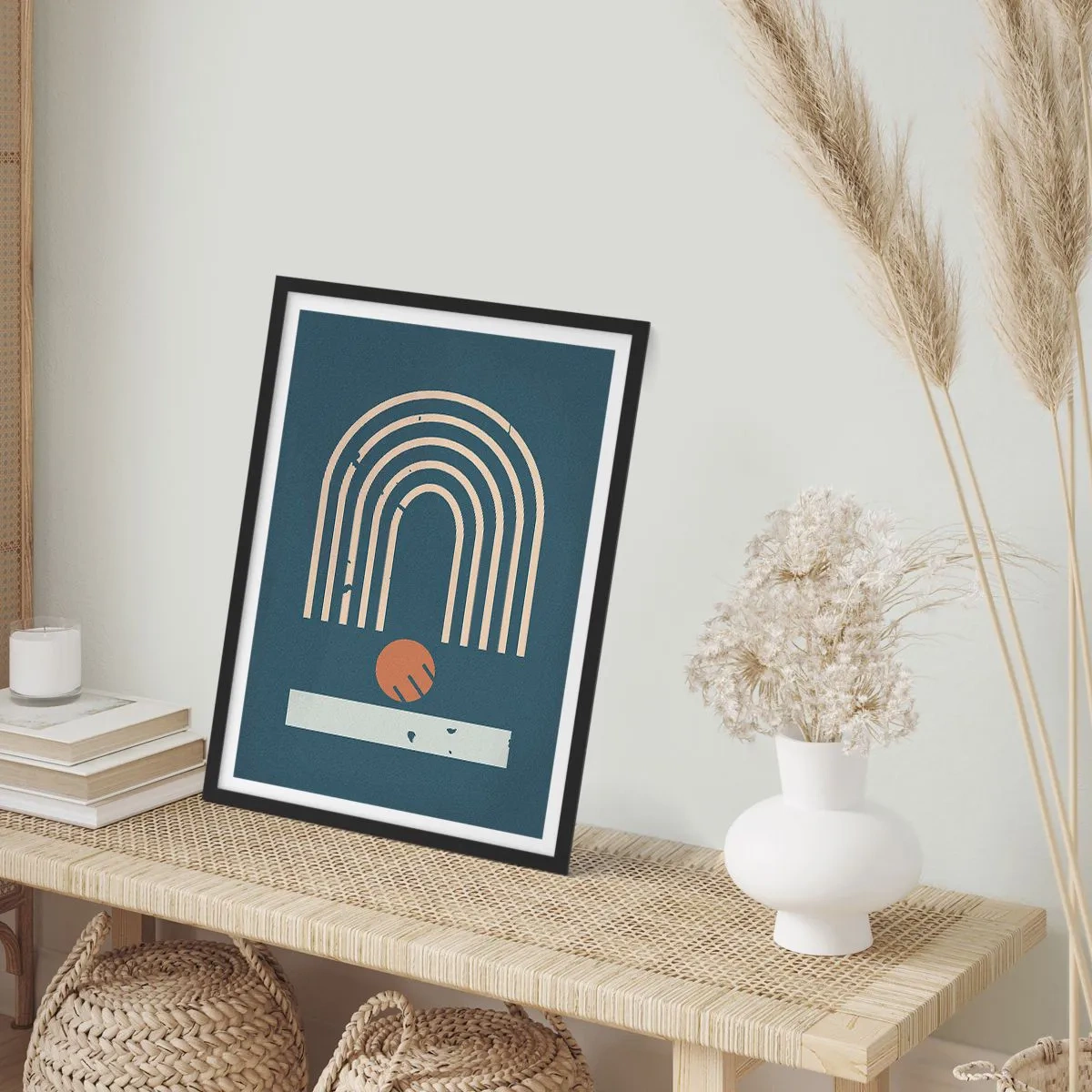 Plakat i sort ramme - Geometriske buer og en kugle på en mørk baggrund - 50x70cm - Geometri på granatæble - Moderne vægdekoration til stue og soveværelse ARTTOR