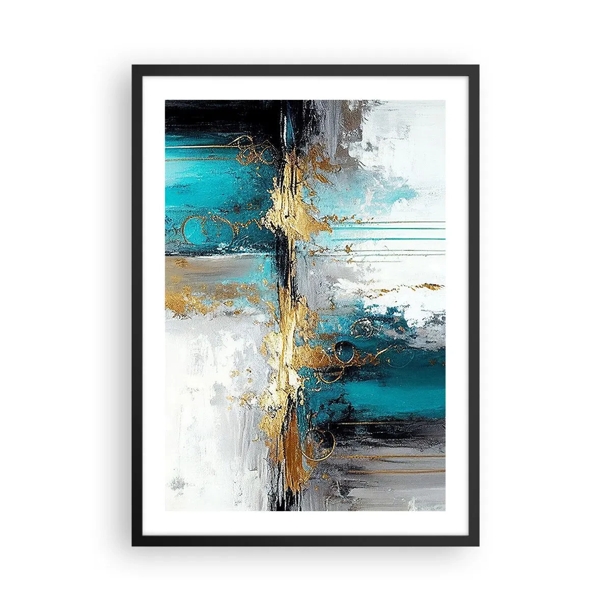 Plakat i sort ramme - En abstrakt komposition i nuancer af turkis og guld. - 50x70cm - Alting flyder - Moderne vægdekoration til stue og soveværelse ARTTOR