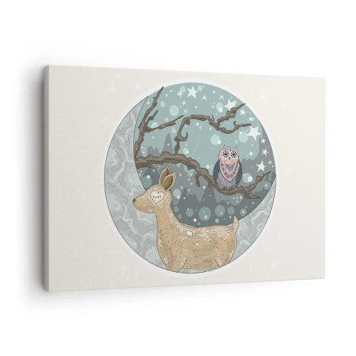 Lærredstryk - Billede på lærred - En hjort og en ugle i et eventyrligt nattelandskab - 70x50cm - En eventyrlig skovnat - Moderne vægdekoration til stue og soveværelse ARTTOR