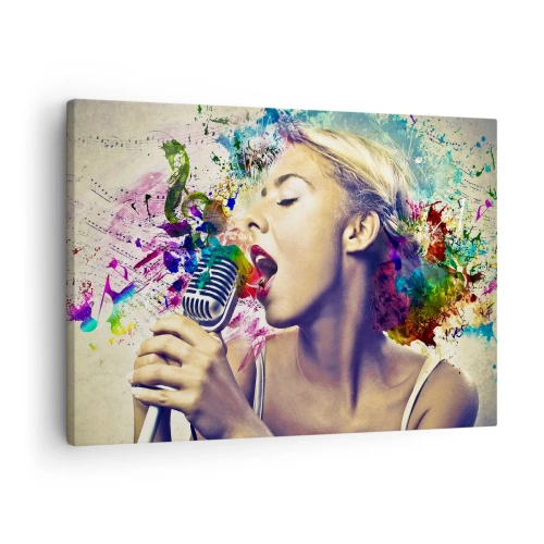 Lærredstryk - Billede på lærred - Kunstnerisk portræt af en kvinde, der synger med farverige effekter - 70x50cm - Mal verden med din stemme - Moderne vægdekoration til stue og soveværelse ARTTOR