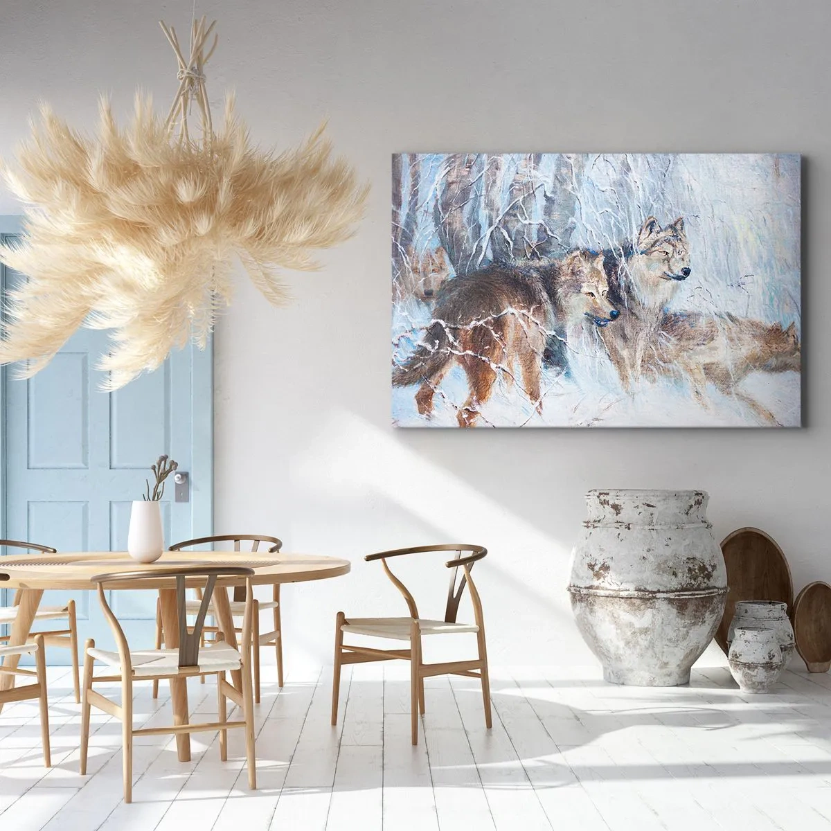 Lærredstryk - Billede på lærred - Ulve i en vinterskov mod en snedækket baggrund - 70x50cm - OBS! På vej... - Moderne vægdekoration til stue og soveværelse ARTTOR