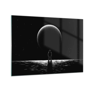 Billede på glas - Astronaut stående foran en planet i sort-hvid - 70x50cm - Ansigt til ansigt - Moderne vægdekoration til stue og soveværelse ARTTOR