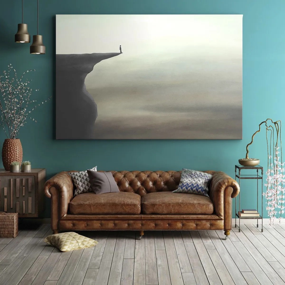 Lærredstryk - Billede på lærred - Silhuet af en figur på kanten af en klippe i et tåget landskab - 70x50cm - Opad, selvfølgelig! - Moderne vægdekoration til stue og soveværelse ARTTOR