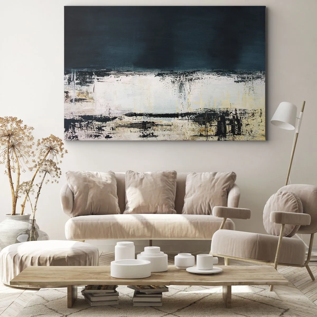 Lærredstryk - Billede på lærred - Abstrakt horisontal komposition i nuancer af marineblå og hvid - 70x50cm - Vandret sammensætning - Moderne vægdekoration til stue og soveværelse ARTTOR