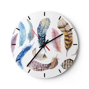 Vægur, Uret - Farverige fjer i akvarelstil - 30x30cm - Letvægts, farverig og flerfarvet - Moderne vægdekoration til stue, køkken og soveværelse ARTTOR