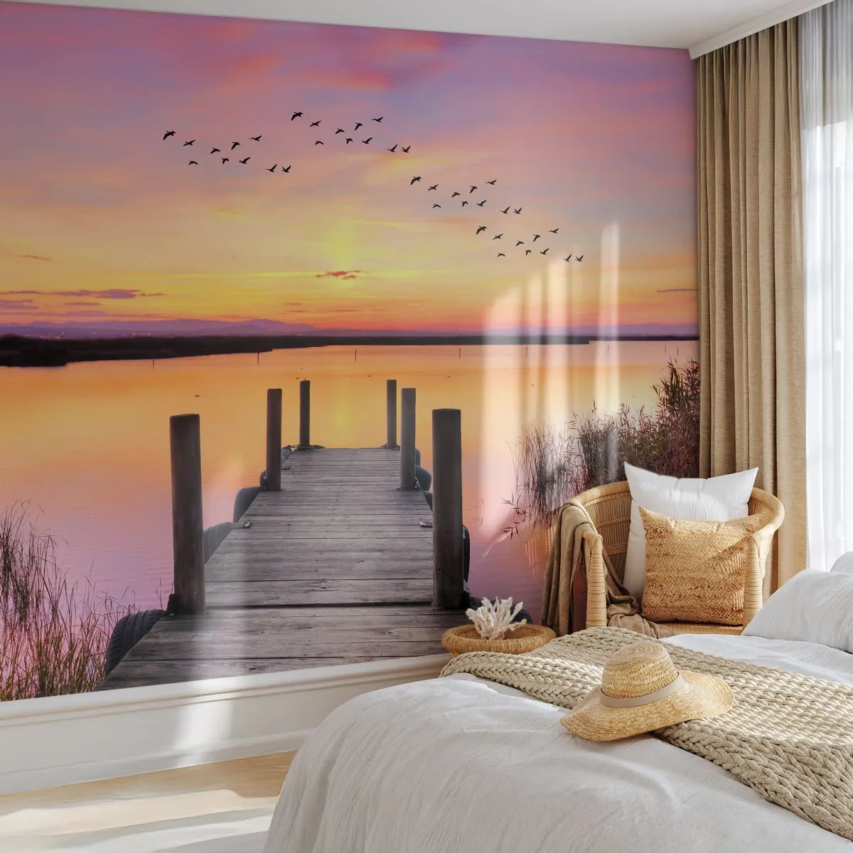 Fototapet Premium Sand - Violet stille daggry - Landskab, Sø, Natur - 100x70 cm