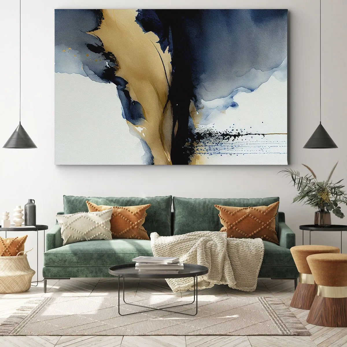 Lærredstryk - Billede på lærred - En abstrakt komposition i nuancer af marineblå og guld - 70x50cm - Bag sløret - Moderne vægdekoration til stue og soveværelse ARTTOR