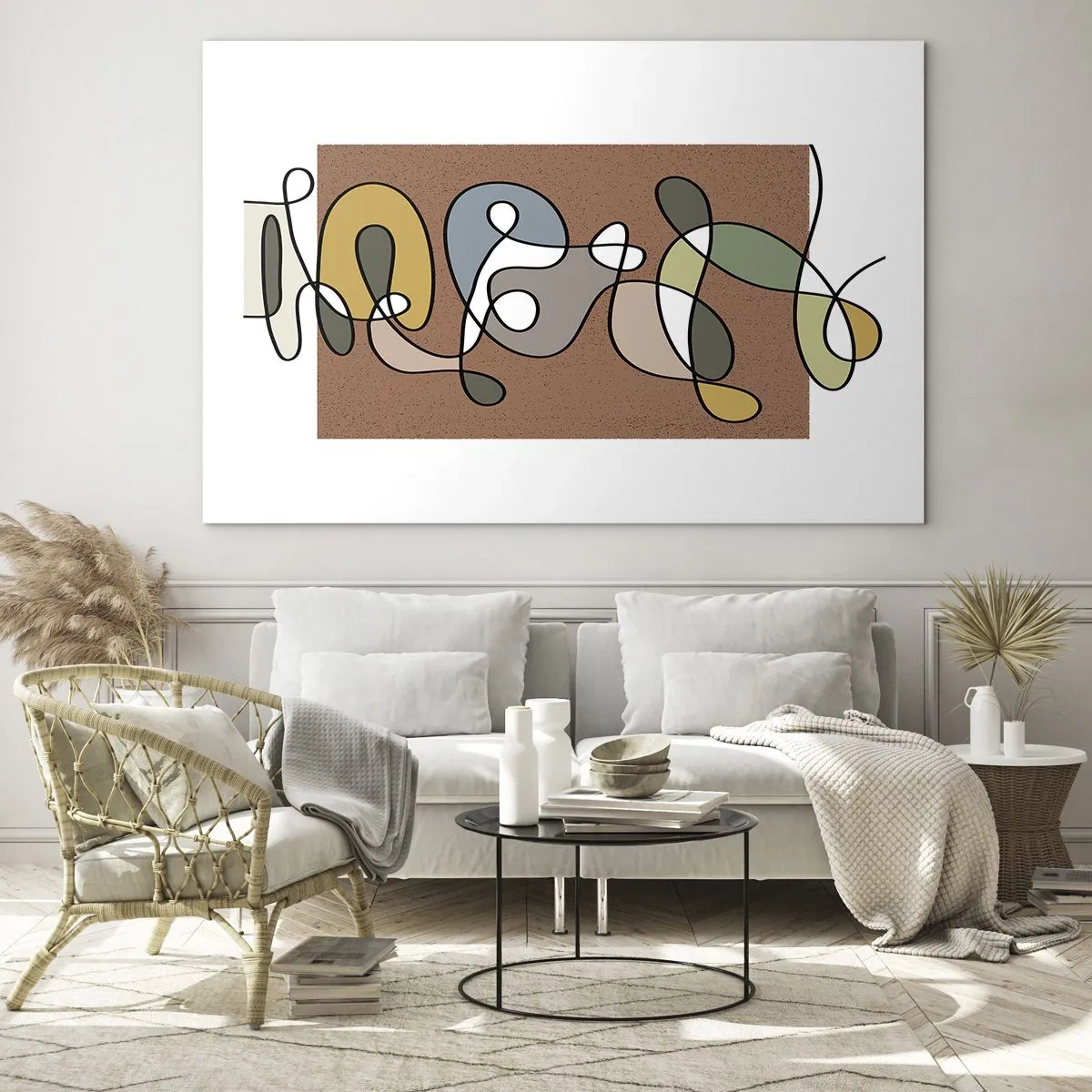 Billede på glas - Farverig abstraktion med en sort linje på en brun baggrund - 70x50cm - En abstraktion, der er værd at smile over - Moderne vægdekoration til stue og soveværelse ARTTOR