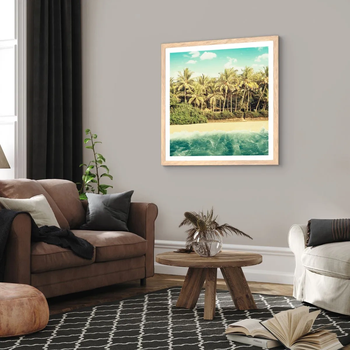 Plakat i ramme af lyst egetræ - Hvad med her? - 50x50 cm