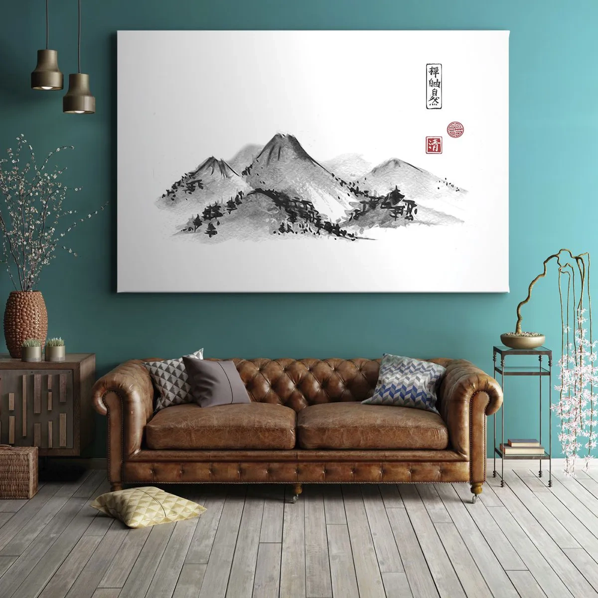 Lærredstryk - Billede på lærred - Traditionelt bjerglandskab i stil med japansk blækmaleri - 70x50cm - Langt væk - Moderne vægdekoration til stue og soveværelse ARTTOR