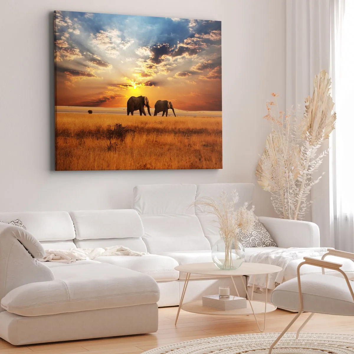 Lærredstryk - Billede på lærred - Elefanter på savannen ved solnedgang - 70x50cm - Familievandring - Moderne vægdekoration til stue og soveværelse ARTTOR