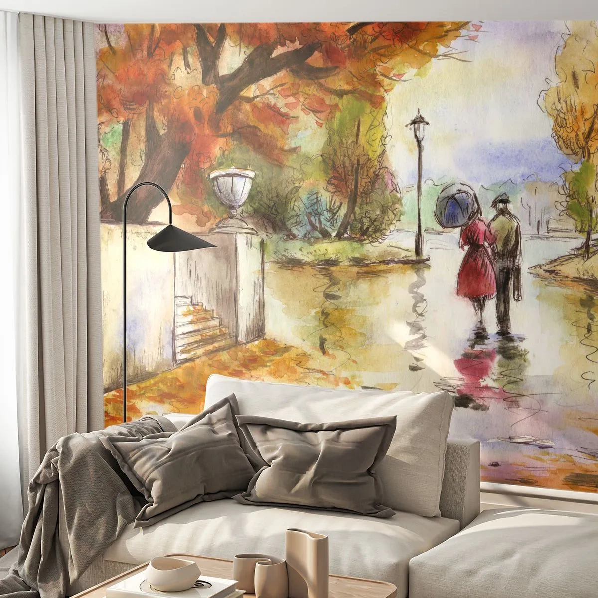 Fototapet Standard Eco - Et pars efterårsgåtur i regnen, akvarelillustration - 100x70cm - Romantisk efterår i parken - Moderne vægdekoration til stue og soveværelse ARTTOR