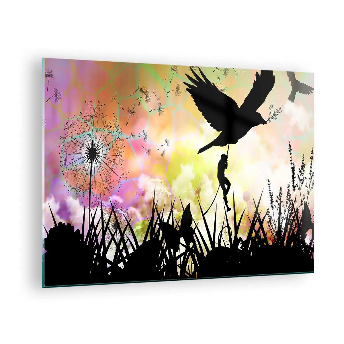 Billede på glas - Illustration af en figur, der klatrer på en fugl mod en baggrund af farverige blomster. - 70x50cm - I en eventyrlig atmosfære - Moderne vægdekoration til stue og soveværelse ARTTOR
