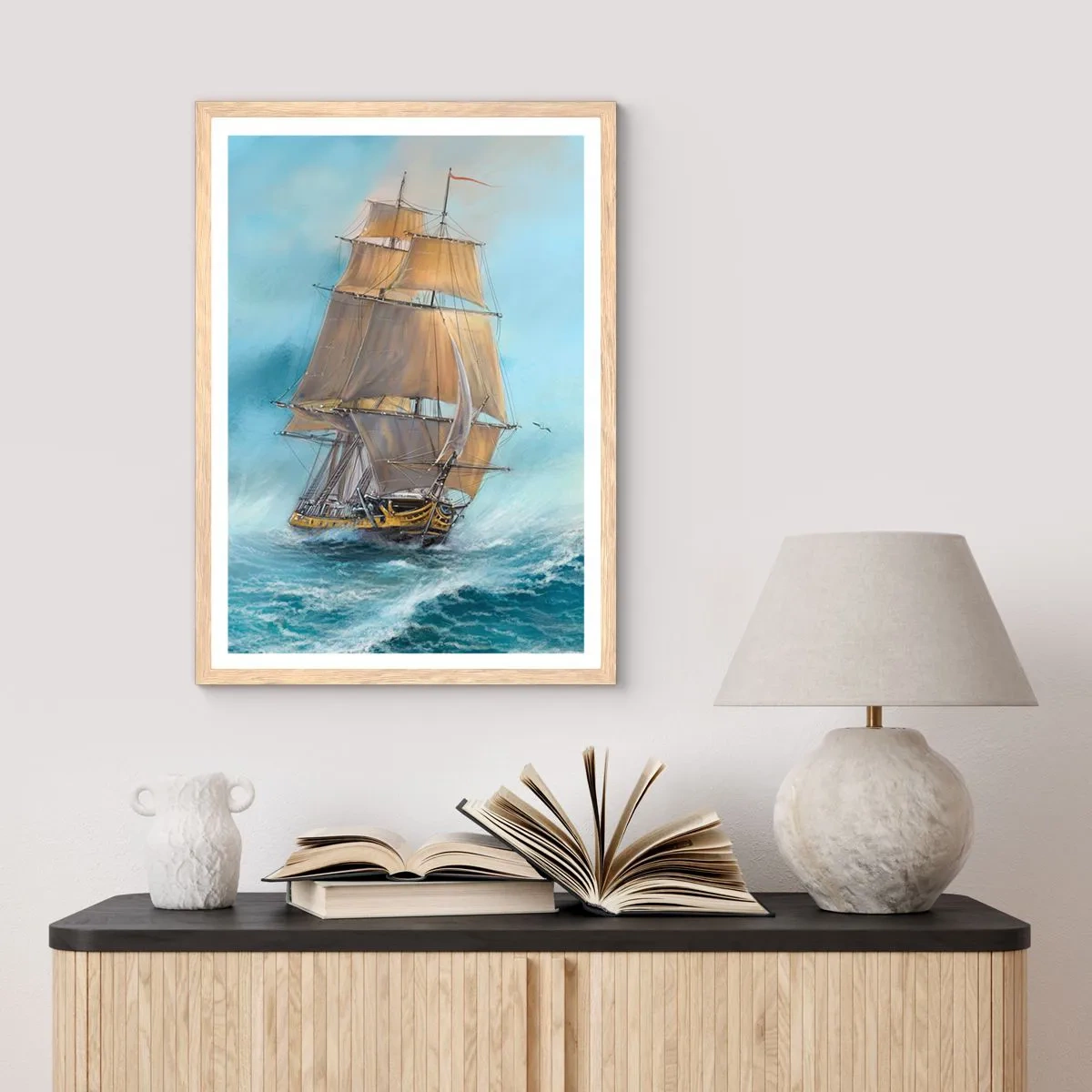 Plakat i ramme af lyst egetræ - Bølgende gennem bølgerne - 61x91 cm