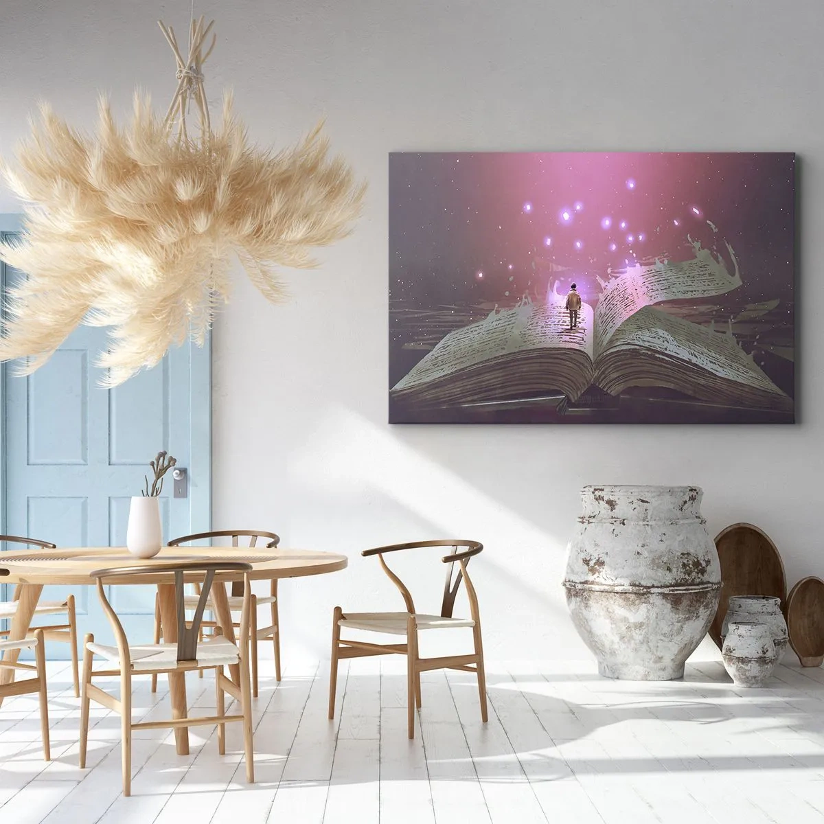 Lærredstryk - Billede på lærred - En figur træder op på en åben bog i et magisk lys. - 70x50cm - En invitation til en anden verden - læs den! - Moderne vægdekoration til stue og soveværelse ARTTOR