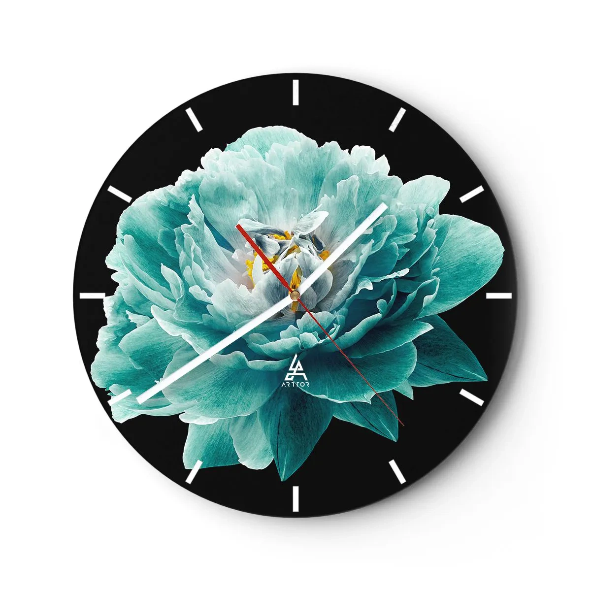 Vægur, Uret - Turkis pæonblomst på sort baggrund - 30x30cm - Blå og gyldne kronblade - Moderne vægdekoration til stue, køkken og soveværelse ARTTOR