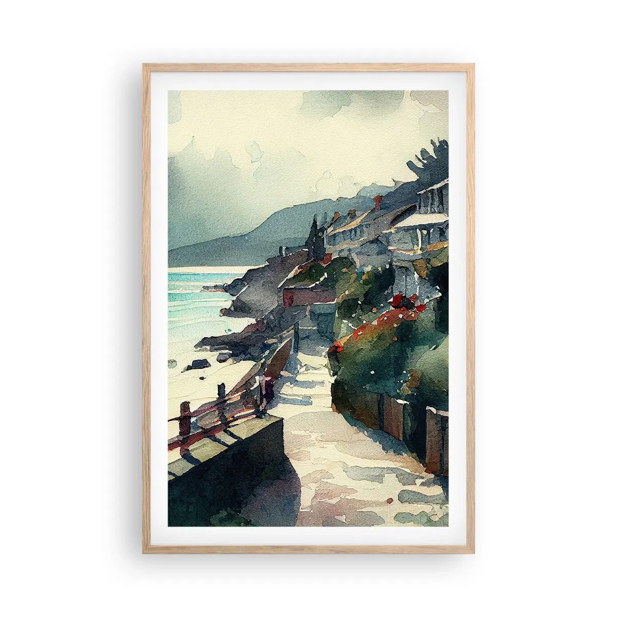 Plakat i ramme af lyst egetræ - Middelhavsby - 61x91 cm