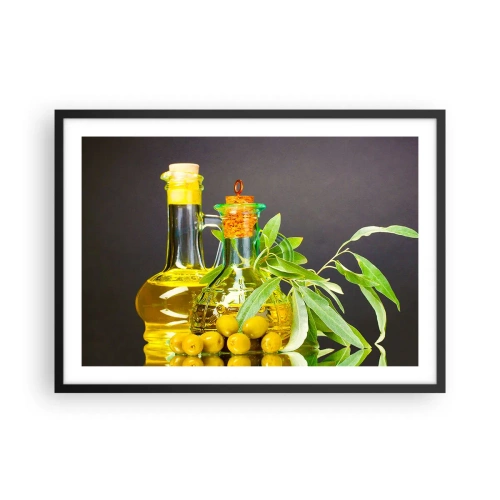 Plakat i sort ramme - Stilleben med oliven og olie - 70x50 cm