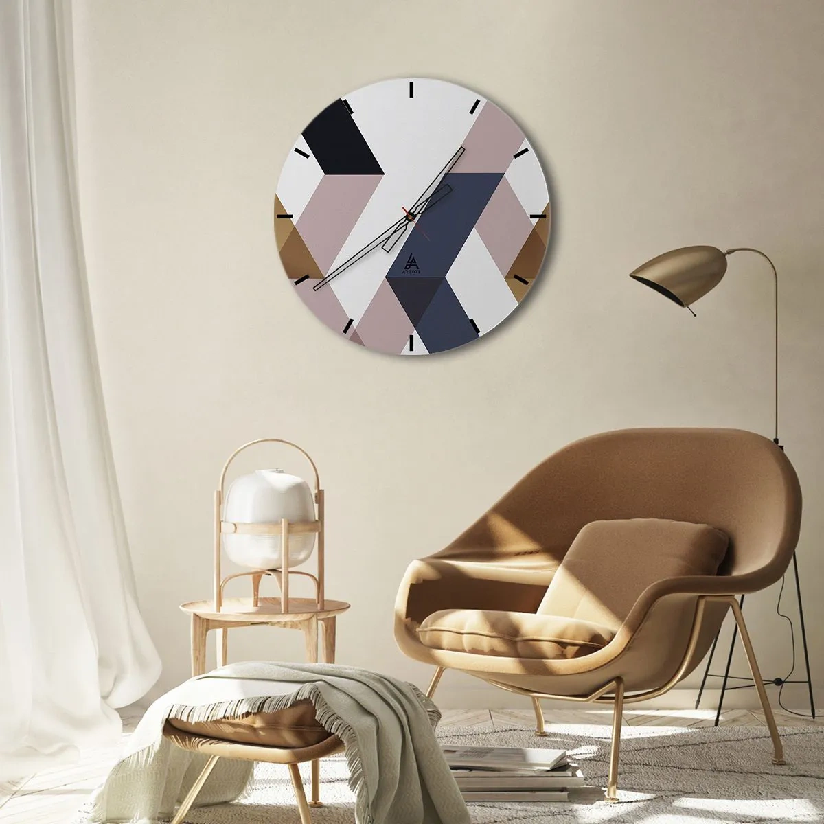 Vægur, Uret - Geometriske former i beige og brune nuancer - 30x30cm - Planer og vinkler - Moderne vægdekoration til stue, køkken og soveværelse ARTTOR