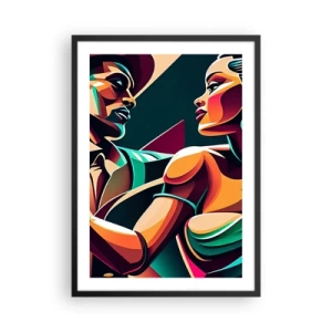 Plakat i sort ramme - Farverig illustration af et par, der danser tango i pop art-stil - 50x70cm - I hjertets rytme - Moderne vægdekoration til stue og soveværelse ARTTOR