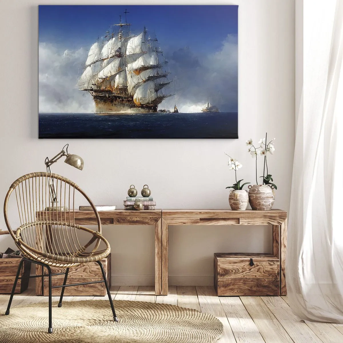 Lærredstryk - Billede på lærred - Et sejlskib på åbent hav under en blå himmel - 70x50cm - Den store herlighed! - Moderne vægdekoration til stue og soveværelse ARTTOR