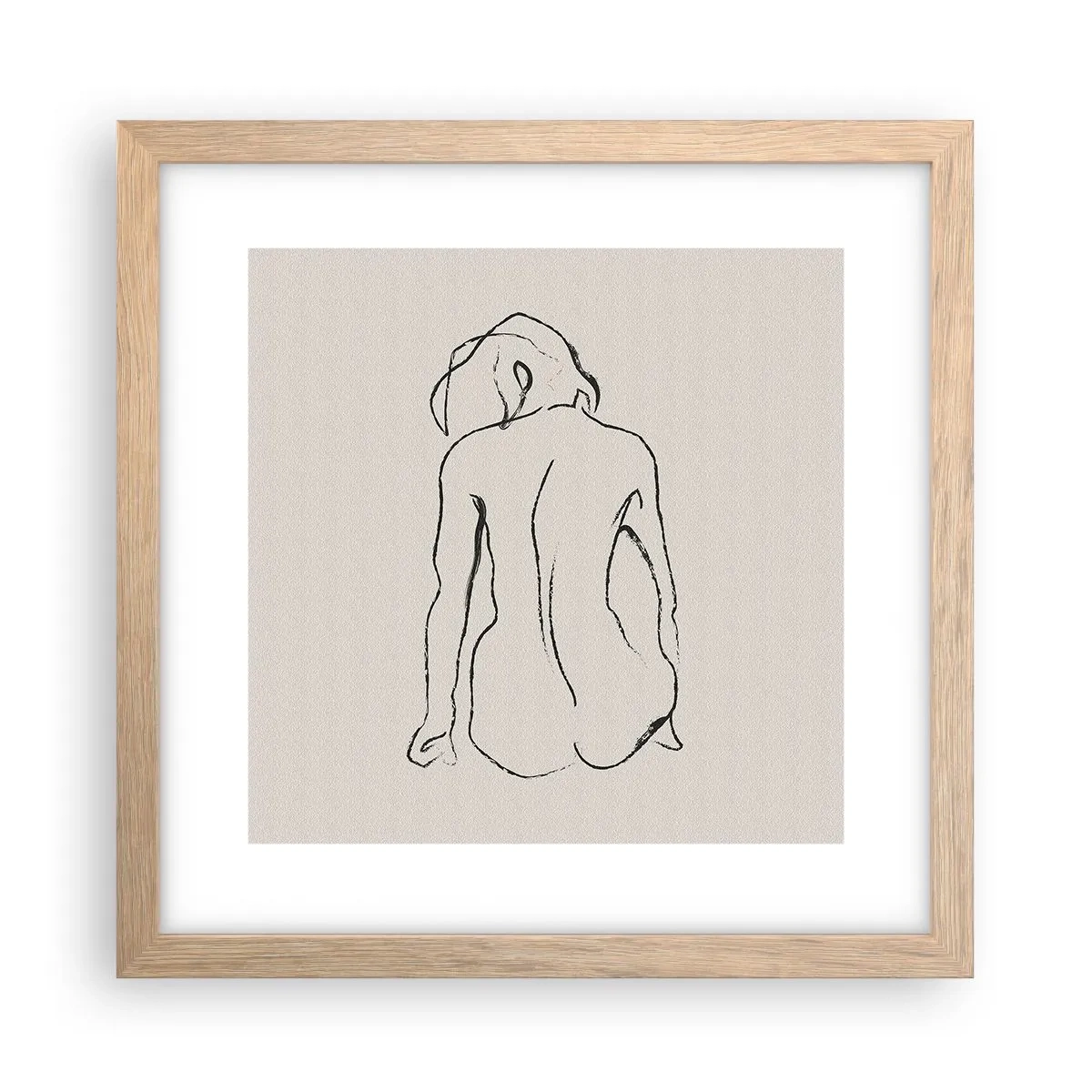 Plakat i ramme af lyst egetræ - Nøgen pige - 30x30 cm