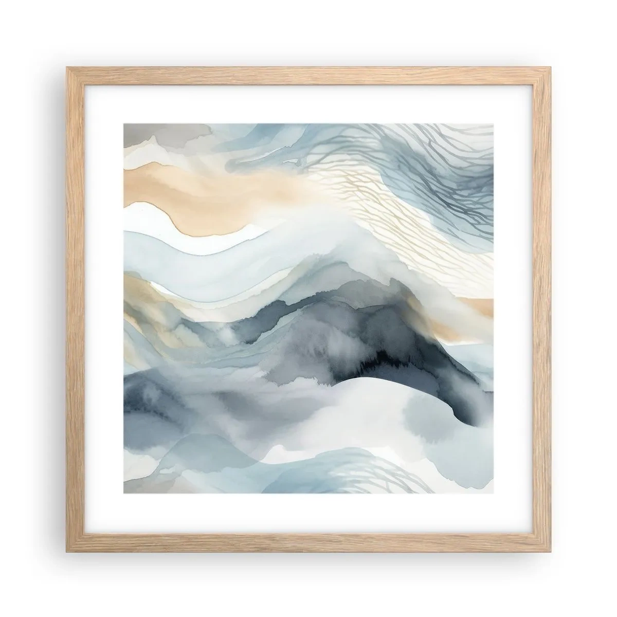 Plakat i ramme af lyst egetræ - Abstraktion af sne og tåge - 40x40 cm