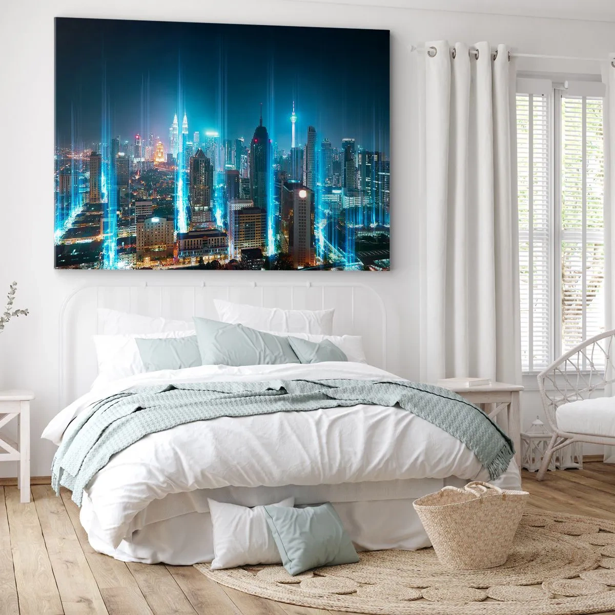 Lærredstryk - Billede på lærred - En moderne by om natten med futuristiske belysningsaccenter. - 70x50cm - Berlin til himlen - Moderne vægdekoration til stue og soveværelse ARTTOR