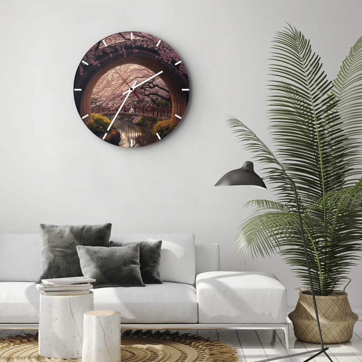 Vægur, Uret - Udsigt over den japanske kirsebærblomstbro gennem den runde port - 30x30cm - Japansk forår - Moderne vægdekoration til stue, køkken og soveværelse ARTTOR