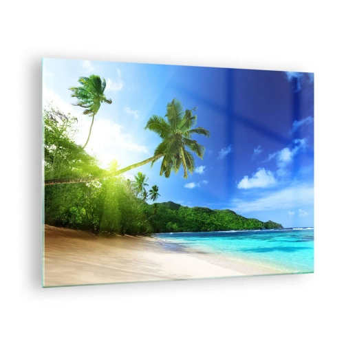 Billede på glas - Tropisk strand med palmer og krystalklart vand - 70x50cm - Et blidt strejf af troperne - Moderne vægdekoration til stue og soveværelse ARTTOR