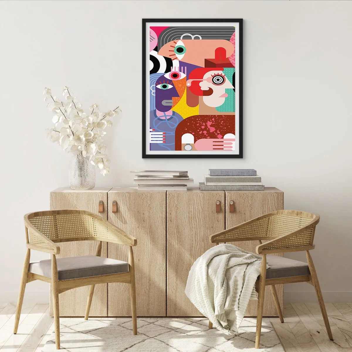 Plakat i sort ramme - Farverige abstrakte ansigter i kubistisk stil - 50x70cm - Vi fra hr. Picasso - Moderne vægdekoration til stue og soveværelse ARTTOR