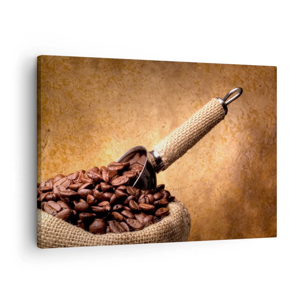 Lærredstryk - Billede på lærred - Kaffebønner i en jutepose med en metalske - 70x50cm - Ved smagsens kilde - Moderne vægdekoration til stue og soveværelse ARTTOR