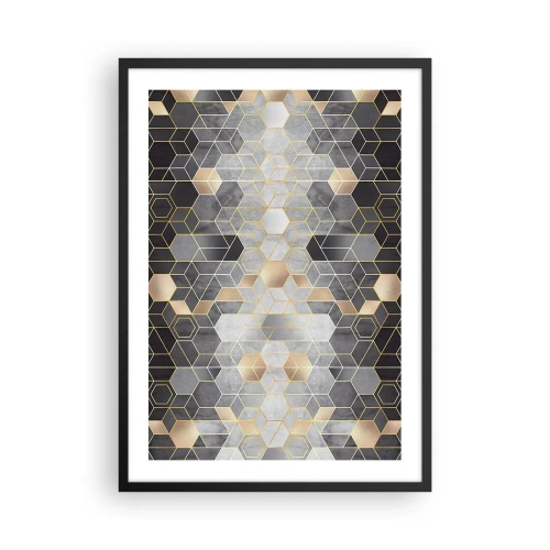Plakat i sort ramme - Geometrisk sekskantmønster i nuancer af guld og grå - 50x70cm - Sammensætning af diamanter - Moderne vægdekoration til stue og soveværelse ARTTOR