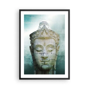 Plakat i sort ramme - En Buddha-statue mod en baggrund af diskrete grønne nuancer - 50x70cm - På jagt efter lys - Moderne vægdekoration til stue og soveværelse ARTTOR