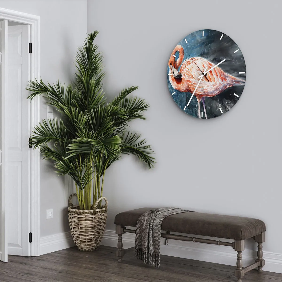 Vægur, Uret - Akvarel flamingo på en mørkeblå baggrund - 30x30cm - Dekorativ af natur - Moderne vægdekoration til stue, køkken og soveværelse ARTTOR