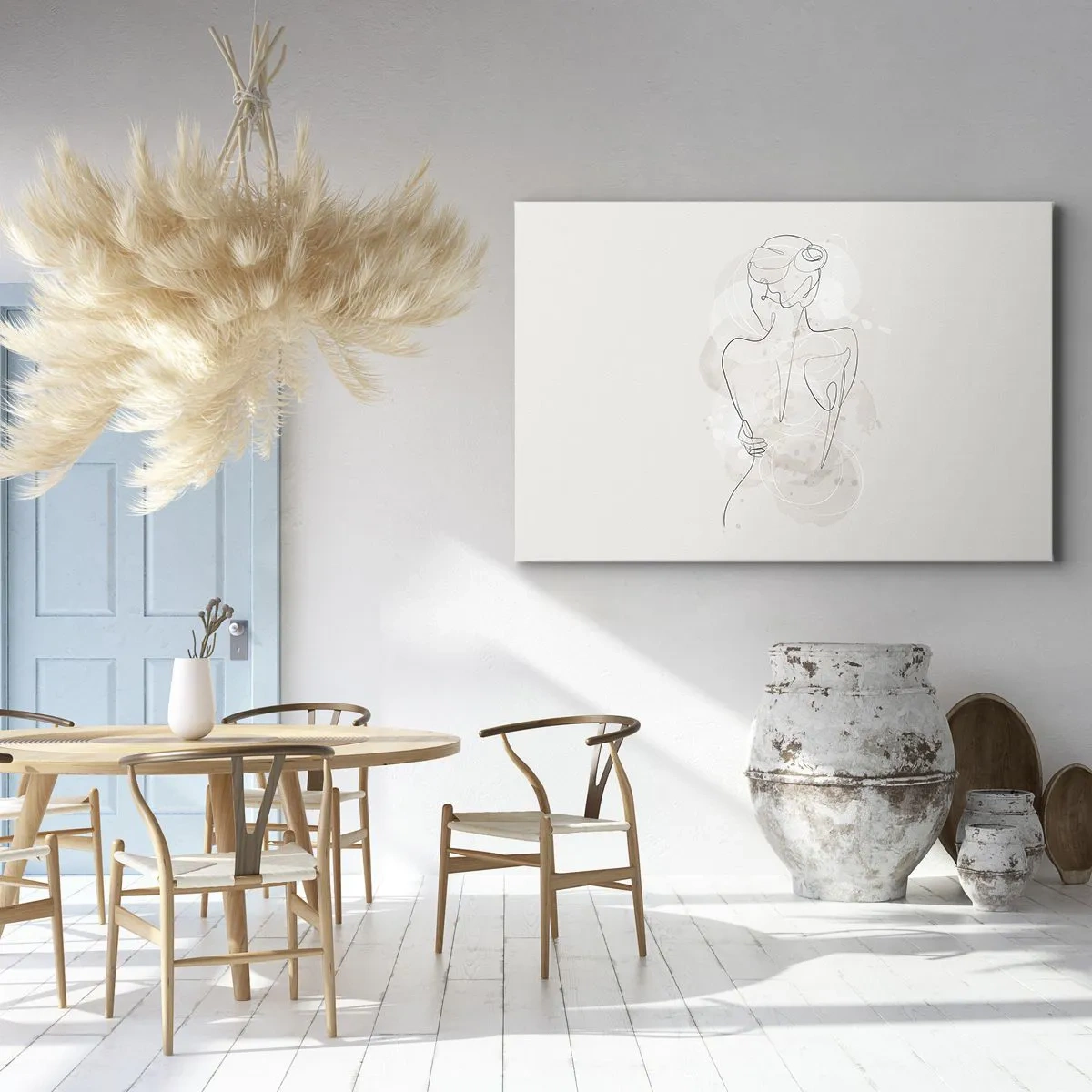 Lærredstryk - Billede på lærred - En minimalistisk skitse af en kvindelig silhuet mod en lys baggrund. - 70x50cm - Som et følsomt instrument - Moderne vægdekoration til stue og soveværelse ARTTOR