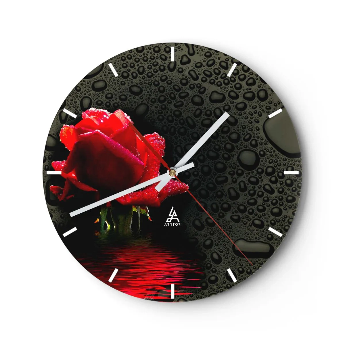 Vægur, Uret - Rød rose med vanddråber på en sort baggrund - 30x30cm - Rød og sort - Moderne vægdekoration til stue, køkken og soveværelse ARTTOR
