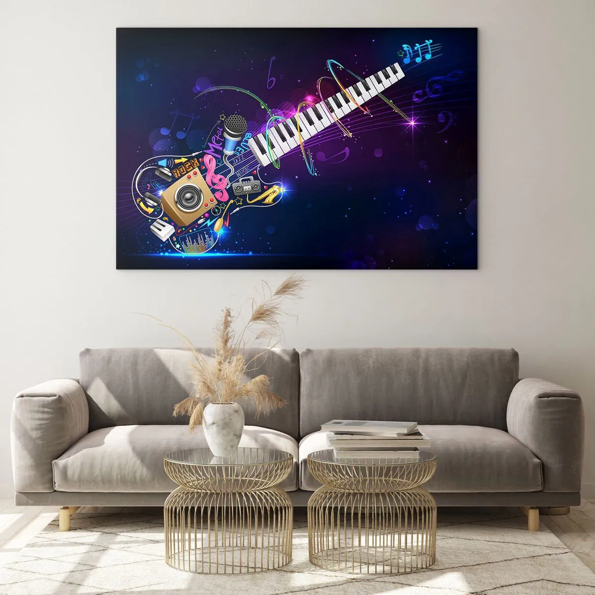 Billede på glas - Farverig musikalsk komposition med instrumenter og noder - 70x50cm - Og alt er i orden - Moderne vægdekoration til stue og soveværelse ARTTOR