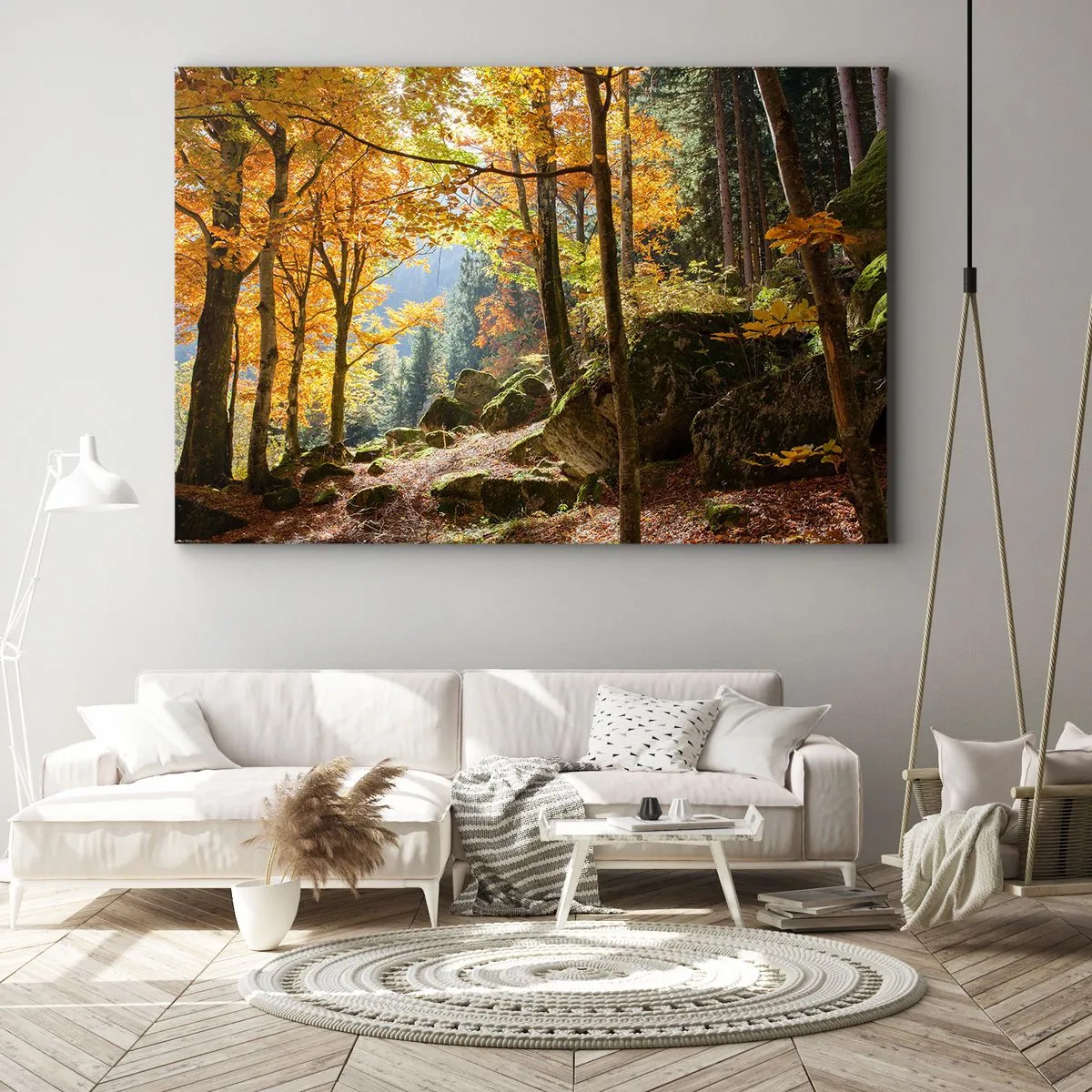 Lærredstryk - Billede på lærred - En efterårsskov fuld af gyldne blade og sollys - 70x50cm - Tid til at slappe af - Moderne vægdekoration til stue og soveværelse ARTTOR