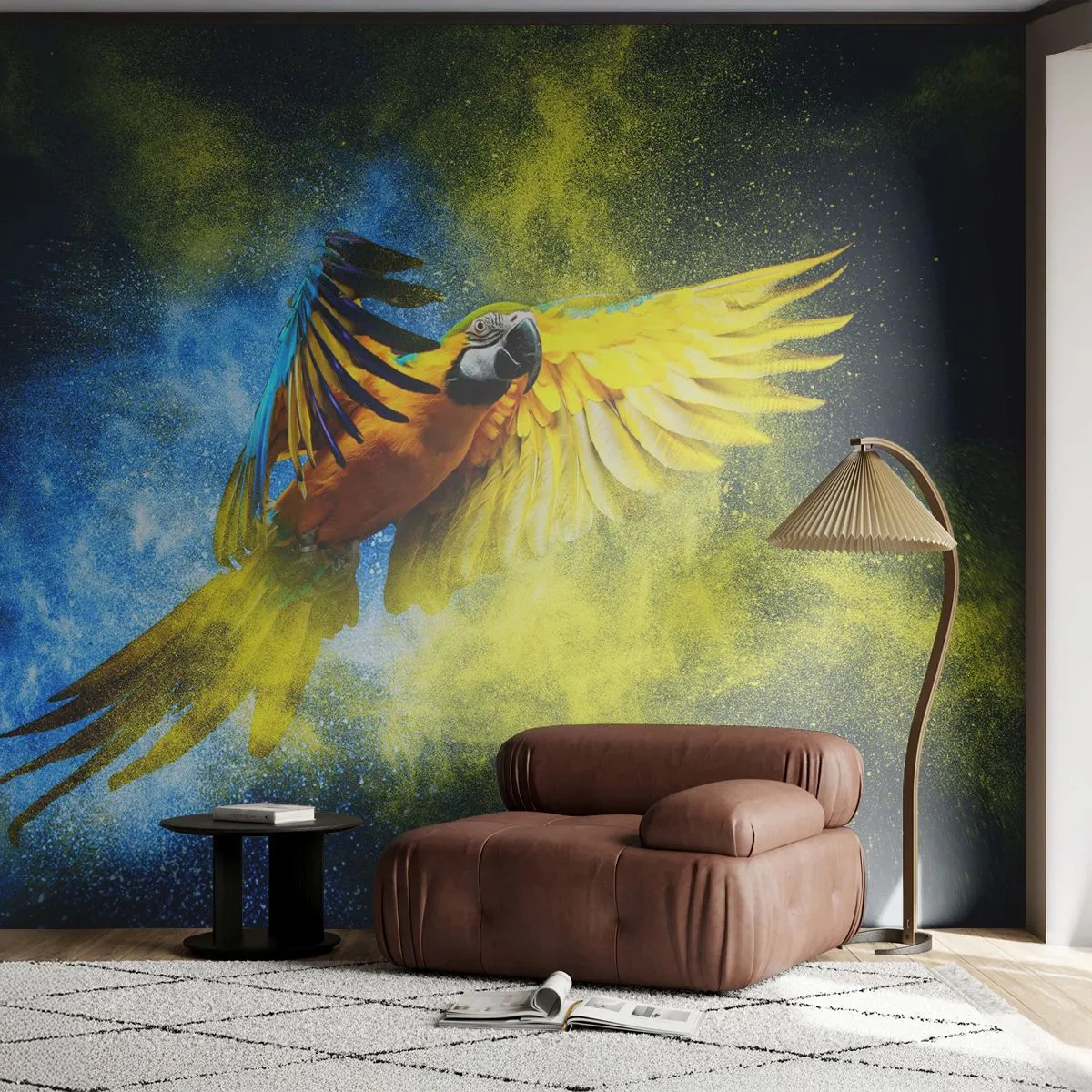 Fototapet Premium Canvas - I det blå-gyldne støv - Papegøje, Abstraktion, Stykke - 200x140 cm