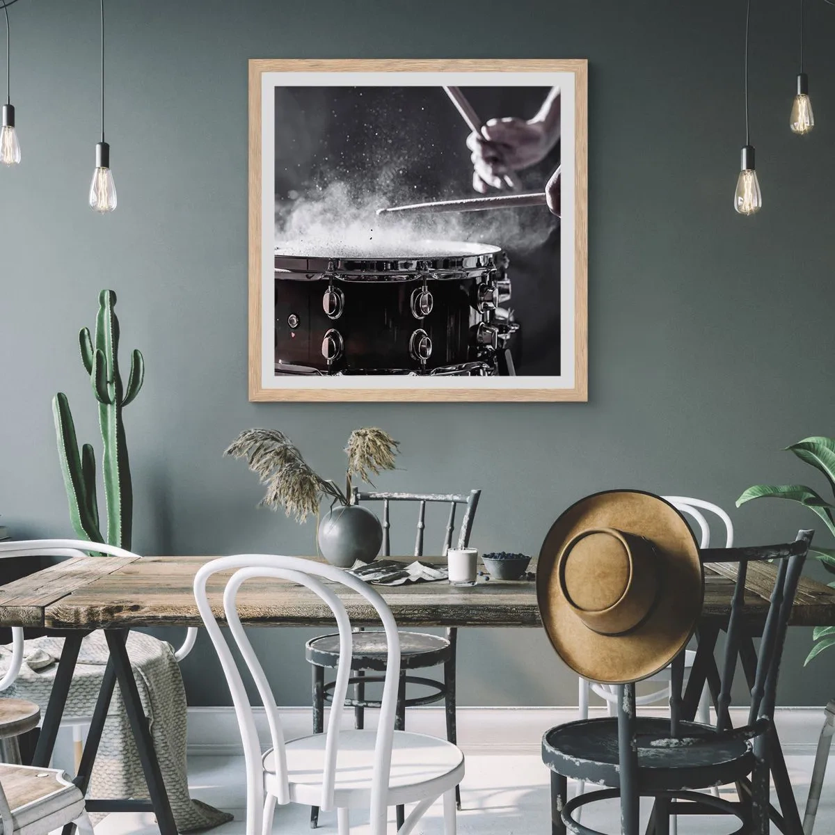 Plakat i ramme af lyst egetræ - Musikkens puls - 30x30 cm