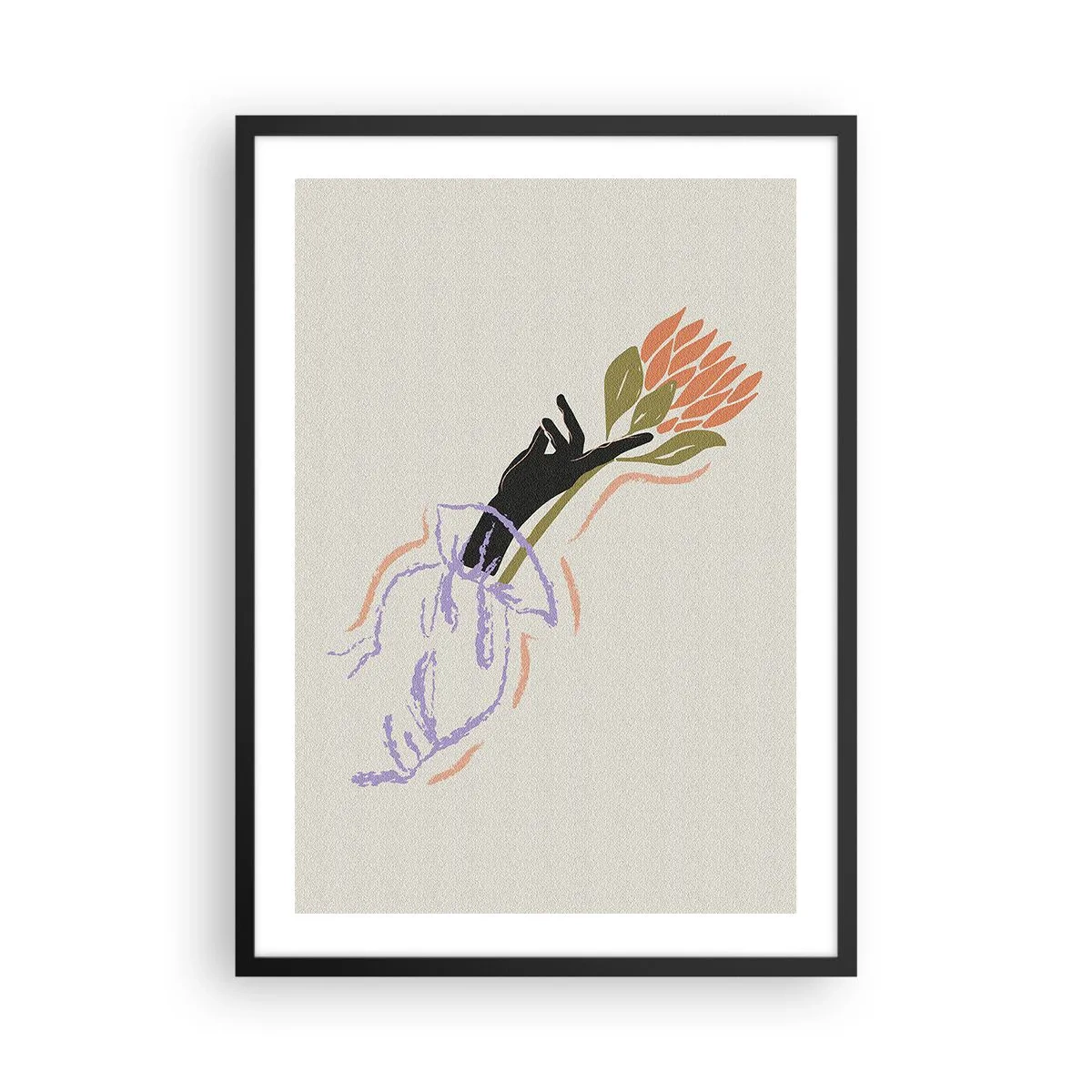 Plakat i sort ramme - Abstrakt tegning af en hånd, der holder en blomsterbuket - 50x70cm - En søsterlig berøring - Moderne vægdekoration til stue og soveværelse ARTTOR